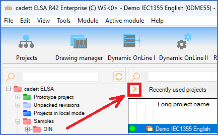 Figure 74: The button used to activate the "Recently used projects" feature Figure 74: The button used to activate the "Recently used projects" feature
