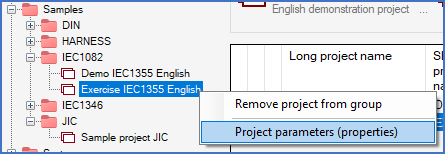 Figure 79:  Accessing the project parametrers using the context menu in the tree structure