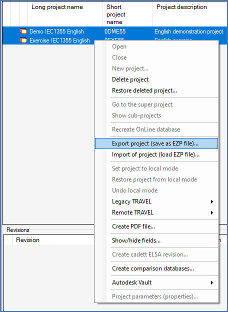 Figure 91: Two projects have been selected for export. Figure 91: Two projects have been selected for export.