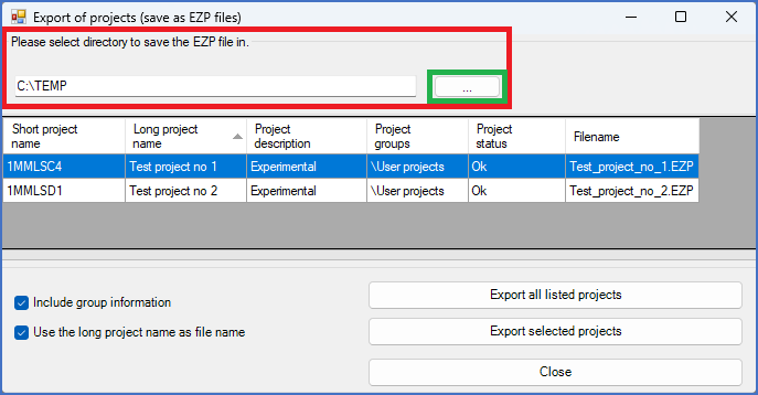 Figure 164:  A suitable directory to save the EZP files in is selected, one way or the other, in the marked part of the dialogue.