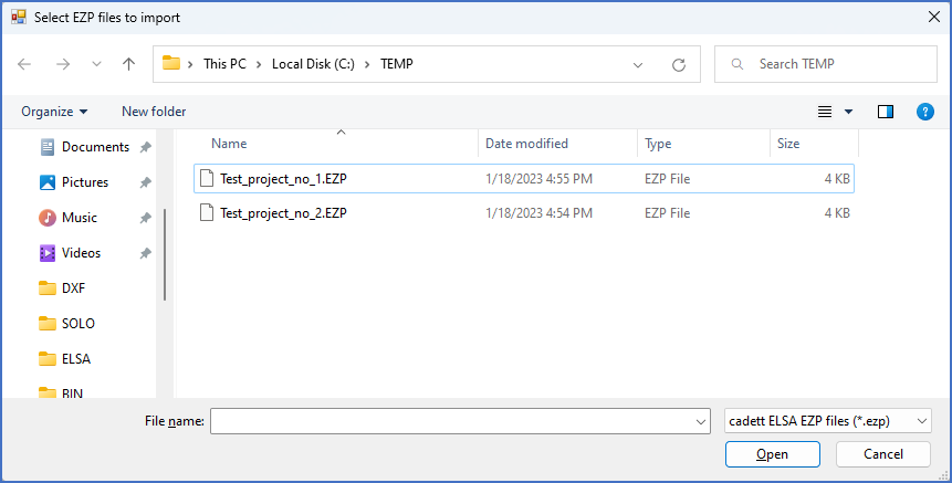 Figure 177:  A file selection dialogue like this one is used to select EZP files that should be added to the list. This example is from an English Windows 11. In other operating systems, the dialogue might look somewhat different.