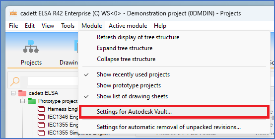 Figure 104: To access the settings for the cadett ELSA-Autodesk Vault integration, please select this command in the "Module" pull-down menu Figure 104: To access the settings for the cadett ELSA-Autodesk Vault integration, please select this command in the "Module" pull-down menu