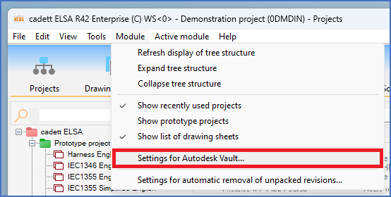 Figure 103:  To access the settings for the cadett ELSA-Autodesk Vault integration, please select this command in the "Module" pull-down menu 