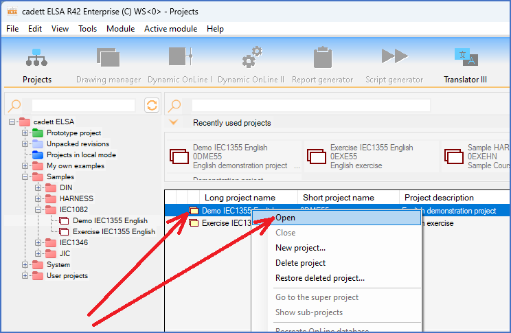 Figure 120:  Open using the context menu in the detailed projects list