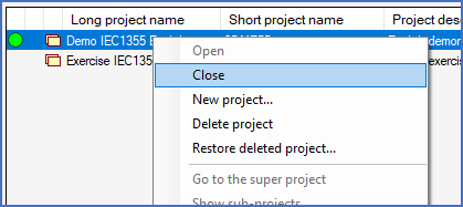 Figure 124:  The "Close" command in the context menu in the detailed projects list can also be used to close the current project.