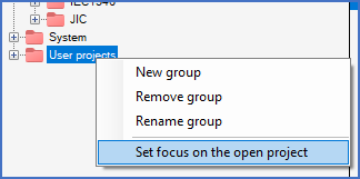 Figure 161:  The "Set focus on the open project" command is found in the context menu for groups in the tree view.