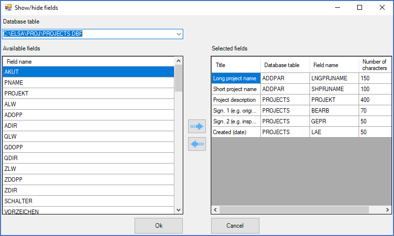 Figure 204:  Using the "Show/hide fields" dialogue box, you can configure the appearance of the detailed projects list.