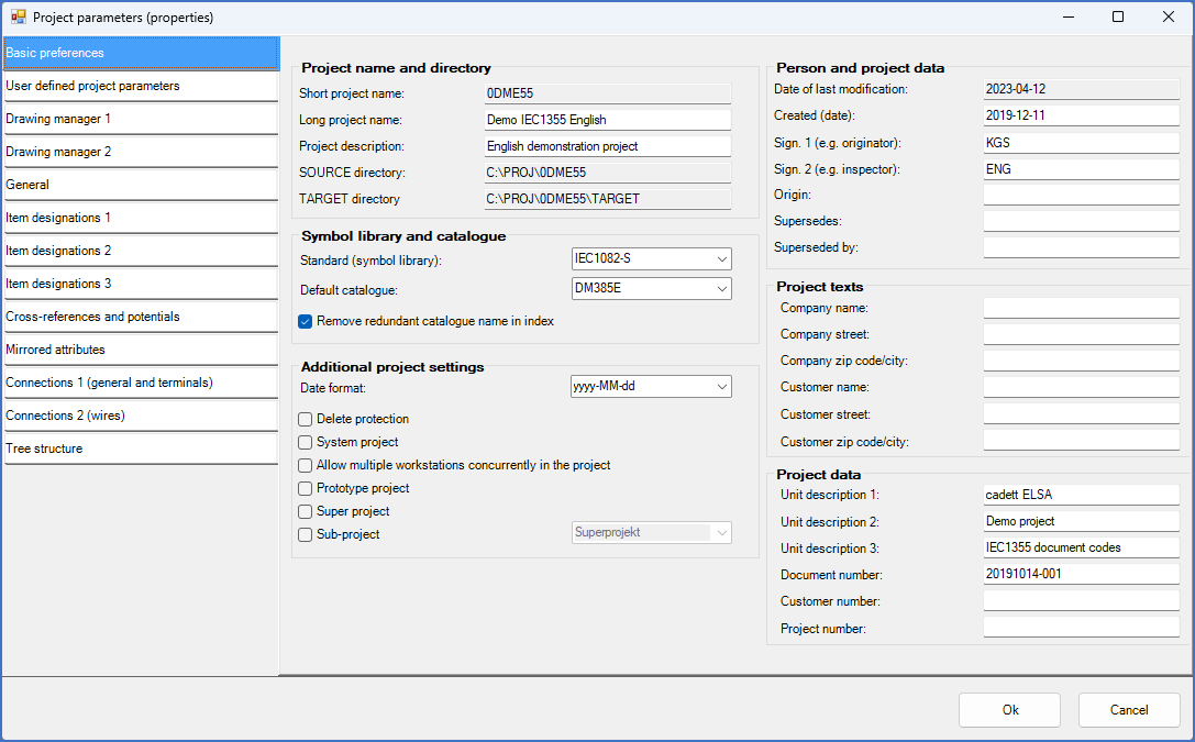 Figure 260:  The "Project parameters" dialogue box as it is first shown when activated