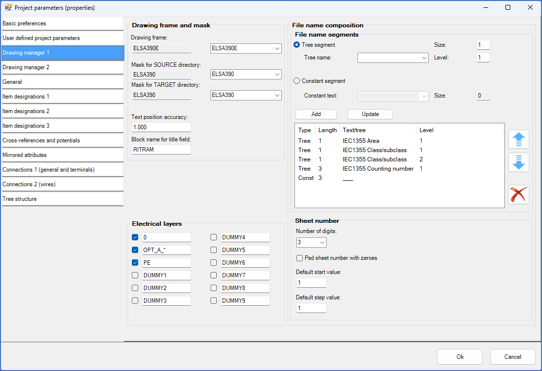 Figure 287:  The "Drawing manager 1" tab of the project parameters dialogue box
