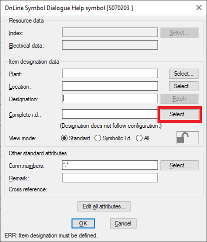 Figure 1501: The item designation of the help contact may be typed manually, but it is also possible to select it, even if the main symbol is placed in another sub-project. Please use the ”Select” button shown in this figure.