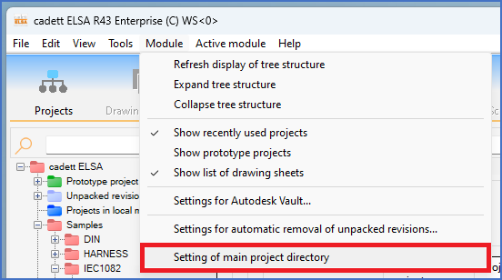 Figure 105:  The "Setting of main project directory" command in the "Module" pull-down menu of the Project Module