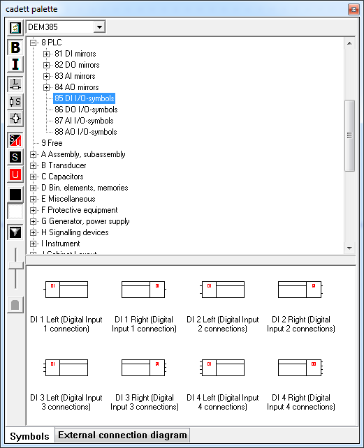 Figure 1051:  PLC symbols in the Symbol Insert Tool. (Example: category 85).